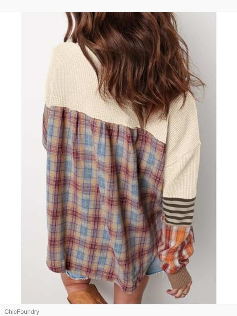 Long Sleeve Henley Waffle Knit Top Patchwork Sweatshirt Relaxed Fit - Picture 2 of 7